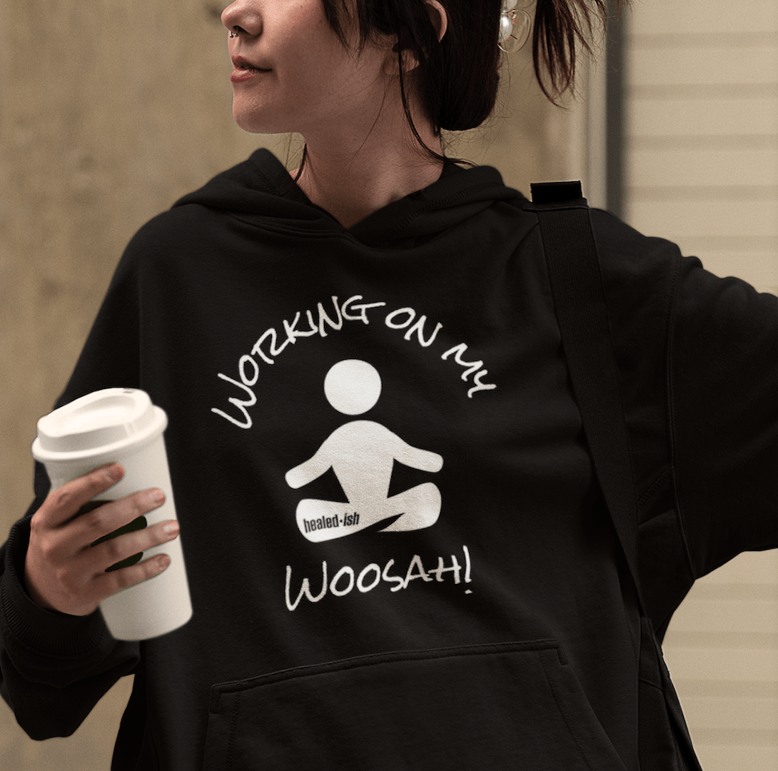 Girl wearing a Working On My Woosah (with black & white avatar) Hoodie